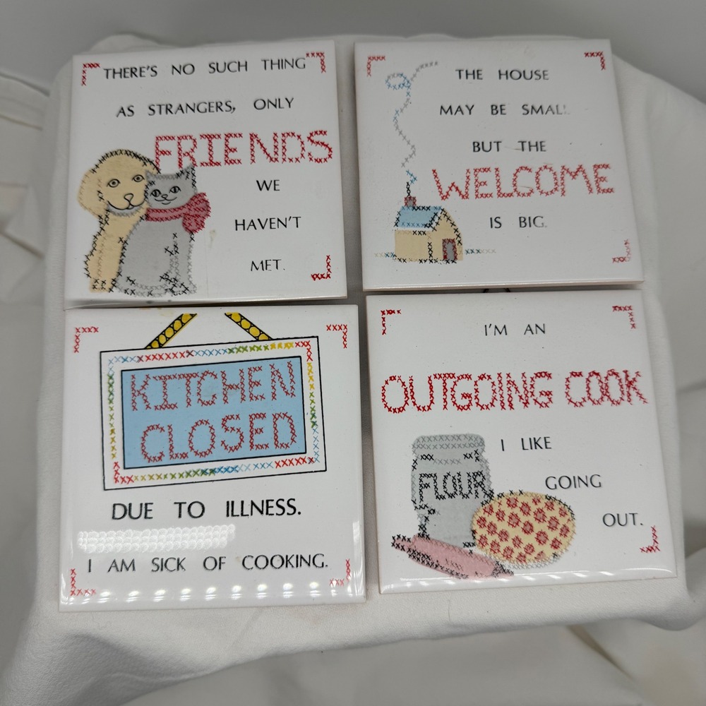 Vintage 1985 House of Lloyd Kitchen‎ Trivet Set of 4 Cross Stitch Ceramic